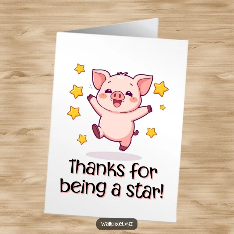 Funny Free Printable Thank You Card: A happy pixelated piglet jumps jubilantly, surrounded by blocky stars, saying thanks.