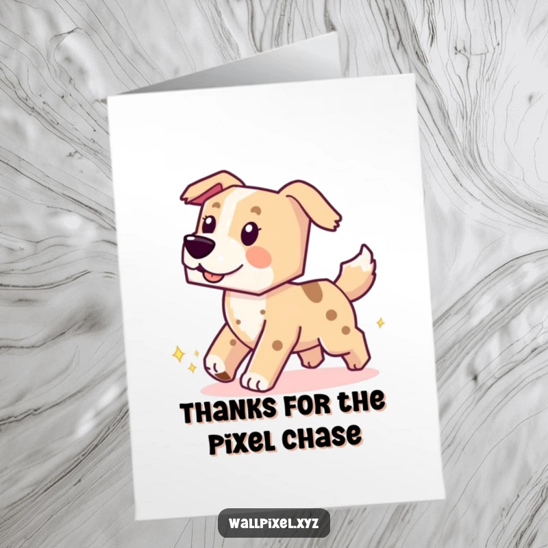 Funny Free Printable Thank You Card: Blocky dog playfully chasing its tail with pixel sparkles.