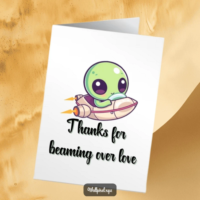 Funny Free Printable Thank You Card: A kawaii pixel alien zips around in a ship, sending thanks, digital note.