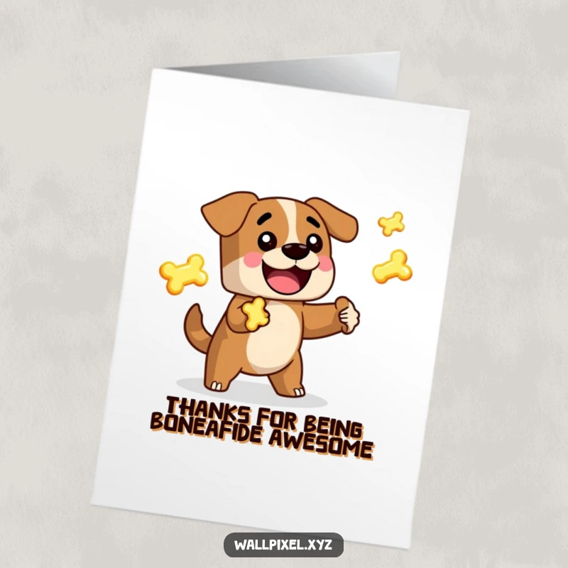 Funny Free Printable Thank You Card: A charming blocky dog happily juggling glowing pixelated bones as thanks.
