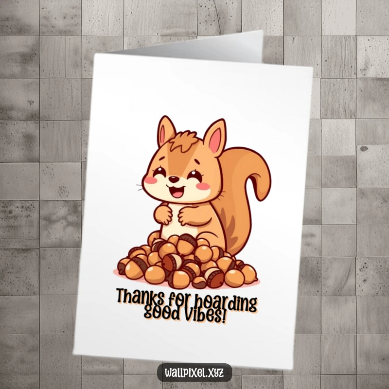 Funny Free Printable Thank You Card: Blocky pixel squirrel guarding a huge pile of pixelated acorns, a DIY greeting.