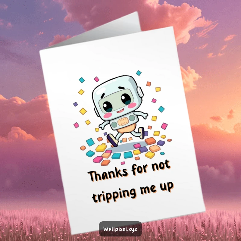 Funny Free Printable Thank You Card: Retro character trips awkwardly, scattering colorful squares as a quirky thank you.