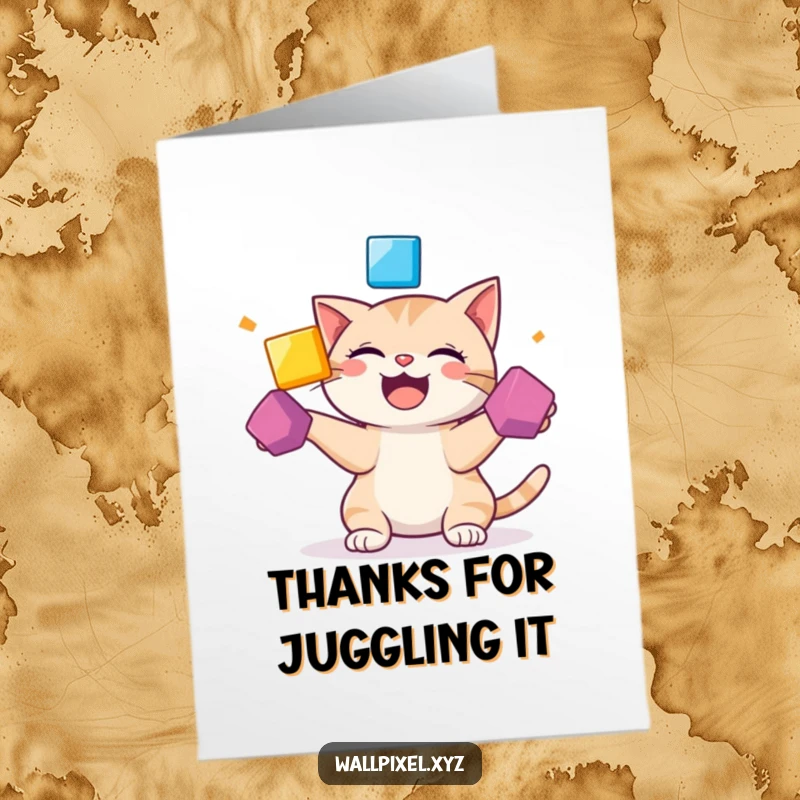 Funny Free Printable Thank You Card: Pixelated cat gleefully juggling colorful bouncing squares.