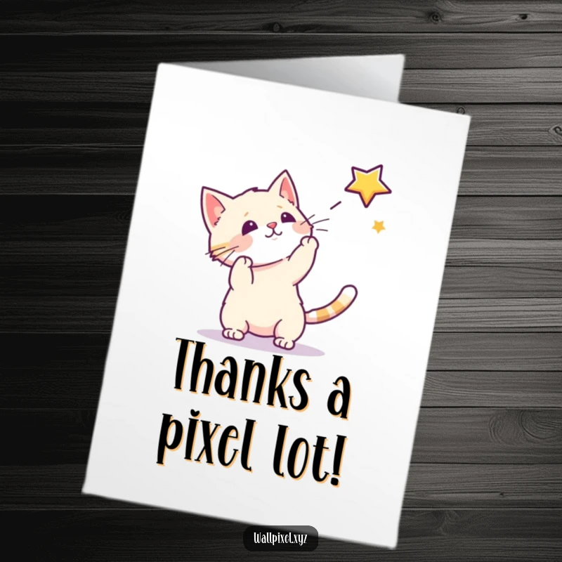 Funny Free Printable Thank You Card: Cute pixel cat batting playfully at a twinkling pixel star, expressing thanks.