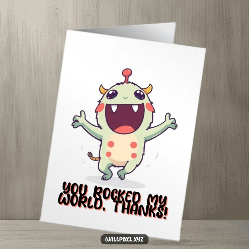 Funny Free Printable Thank You Card: Excited pixel monster doing a funny dance to say thank you.