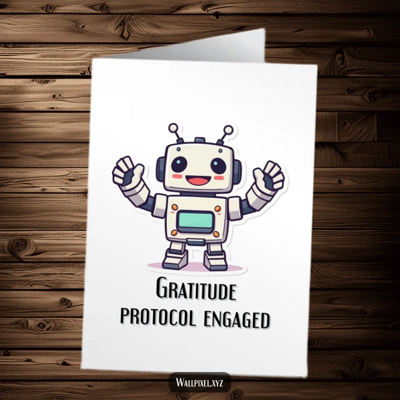 Funny Free Printable Thank You Card: Cheerful pixel robot waves energetically, expressing thanks. Print at home.