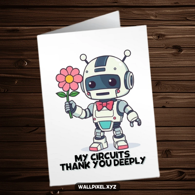 Funny Free Printable Thank You Card: Retro robot buddy offering a pixelated flower with a cute bow.
