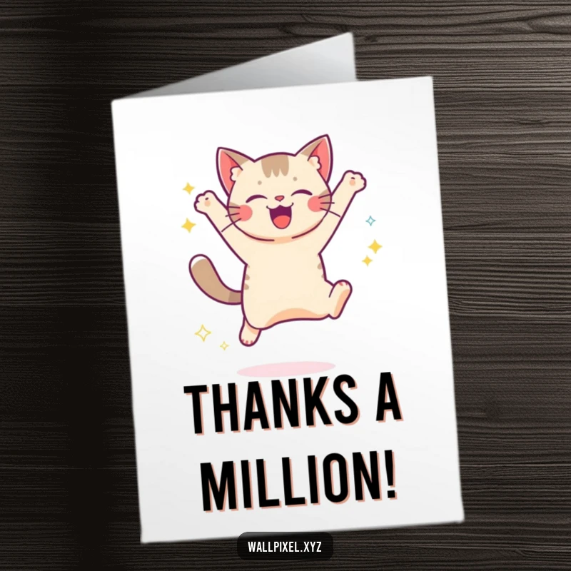 Free Printable Thank You Card: A pixelated cat jumping with digital sparkles, offering a fun and unique way to say thanks.