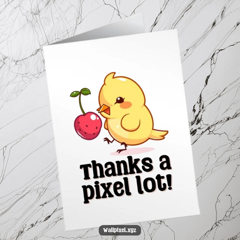 Funny Free Printable Thank You Card: A cute pixel bird happily pecks a pixelated berry, conveying digital gratitude.