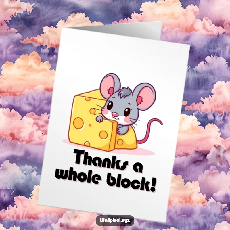 Funny Free Printable Thank You Card with a pixel mouse peeking from behind a huge digital cheese block.