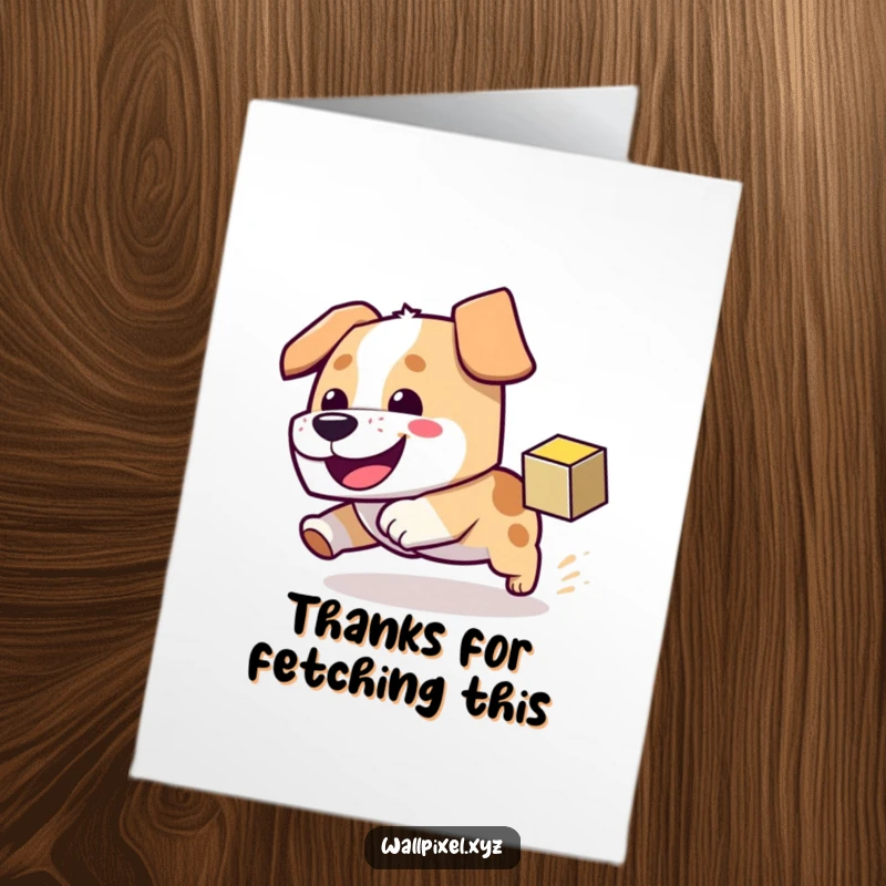 Funny Free Printable Thank You Card: Blocky dog happily chases a pixel cube, showing gratitude. Print at home.