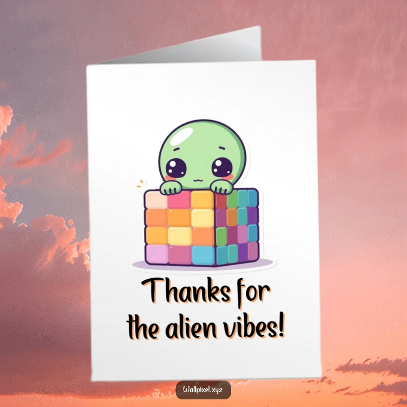 Funny free printable thank you card of a cute pixelated alien peeking from behind a cube, showing thanks.