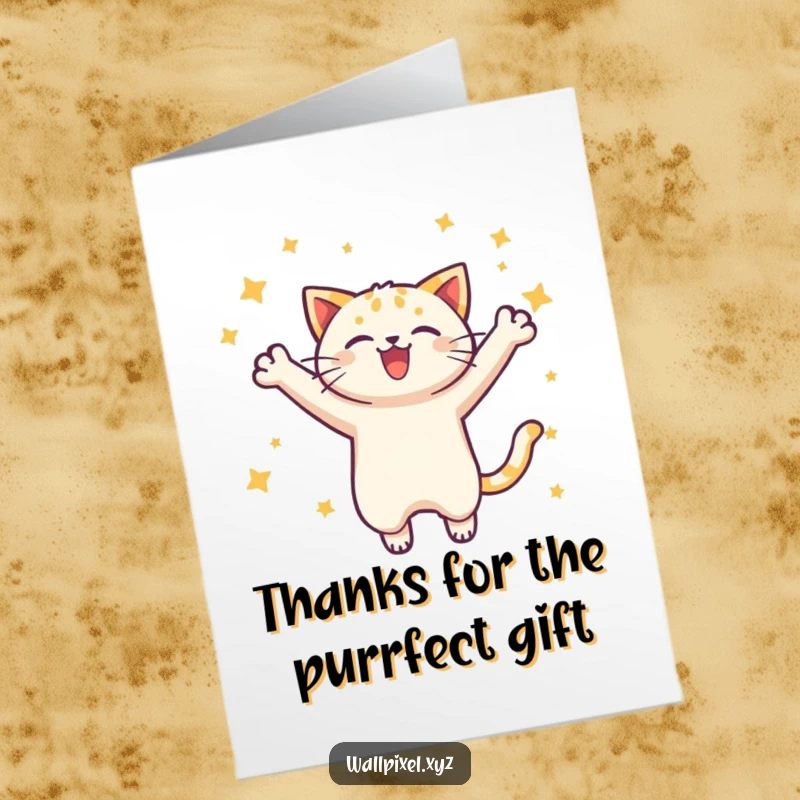 Funny Free Printable Thank You Card: Pixelated cat leaps joyfully through stars, expressing thanks. Print at home.