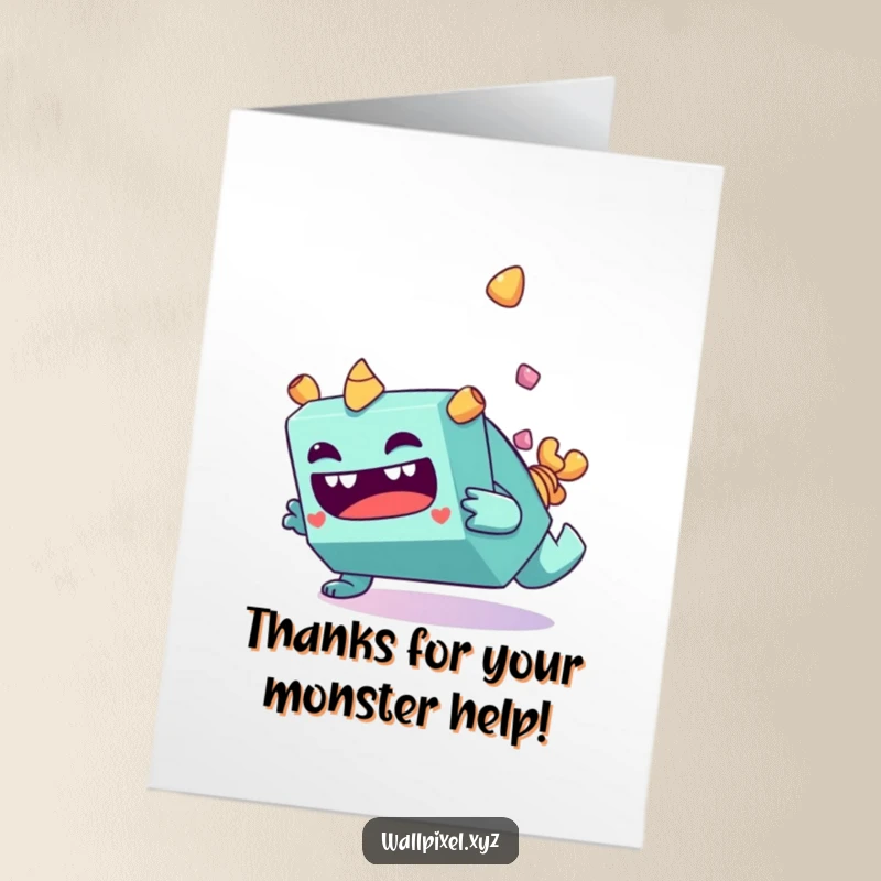 Funny Free Printable Thank You Card with a blocky monster making a silly face while tumbling.