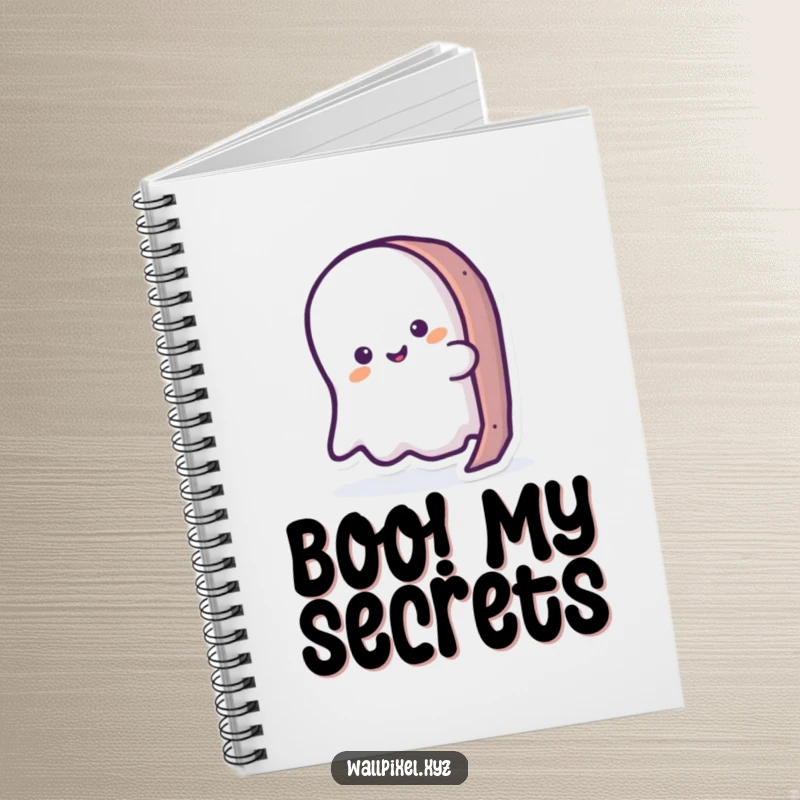 Funny ghost notebook with a simplified ghost peeking from a pixelated background, ideal for notes and sketches.