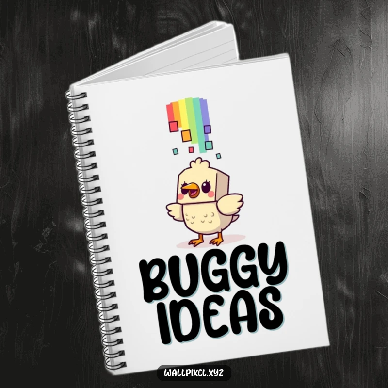 Funny Bird Notebook: A startled blocky bird character watches a pixelated rainbow fall, inspiring retro-themed note-taking.