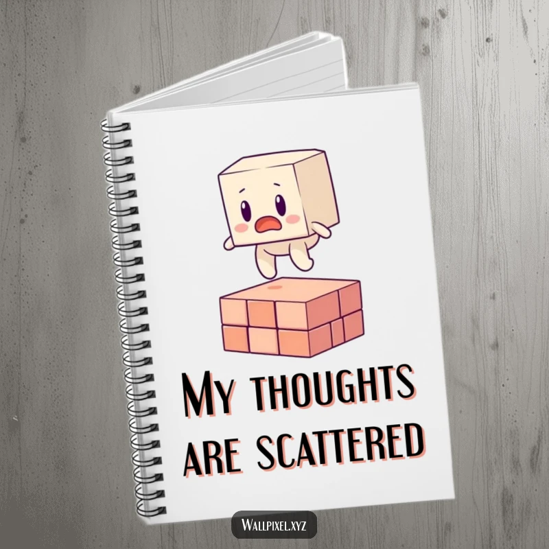 Funny notebook illustrating a surprised blocky character tripping over a floating pixel, ideal for journaling.
