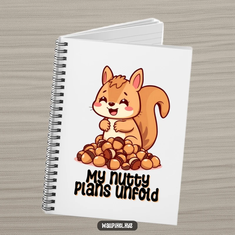 Funny blocky squirrel notebook, character hoarding pixelated acorns, retro journaling accessory.