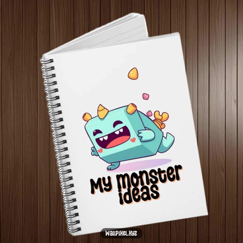 Funny blocky monster character making a funny face while tumbling end over end on a notebook cover.