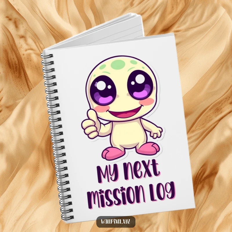 Funny laughing pixelated alien with large pixel eyes giving a thumbs up. Retro gaming inspired notebook for writing.