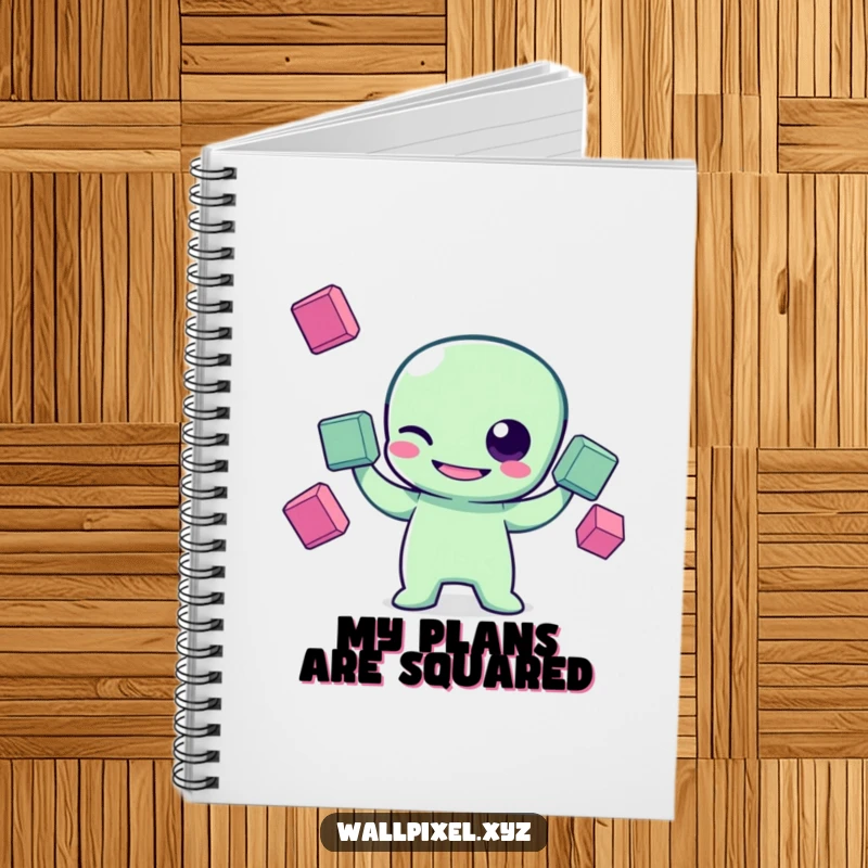 Funny pixel art notebook cover featuring a grinning pixelated alien character winking and juggling three floating squares, ideal for retro sci-fi fans' notes.