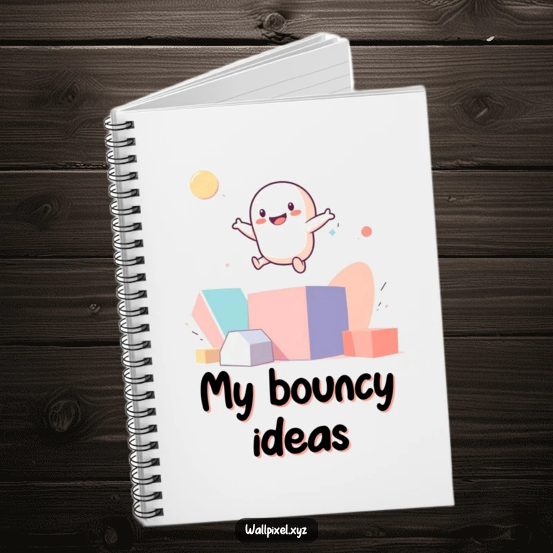 Funny smiling pixel figure bouncing on abstract geometric shapes on a notebook cover.
