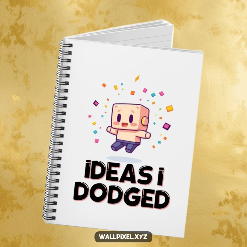 Funny notebook with a blocky pixel character dodging pixelated confetti, perfect for jotting down notes with a touch of retro fun.