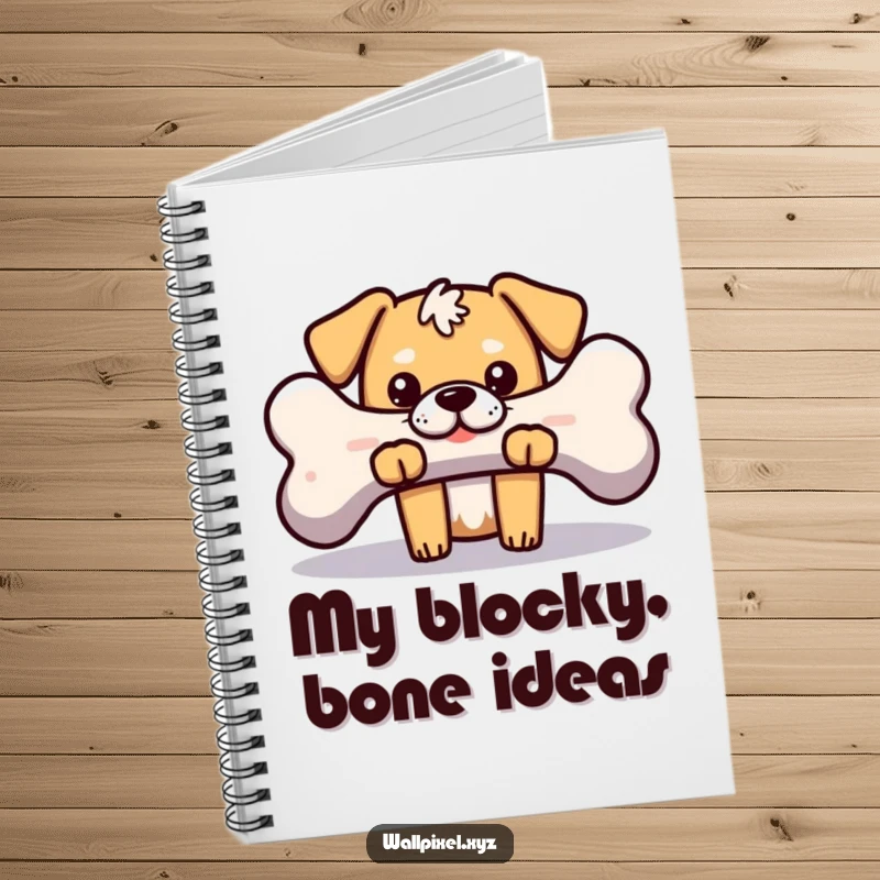 Funny notebook featuring a blocky pixelated dog peeking from behind a pixelated bone, perfect for jotting down ideas with a retro gaming theme.