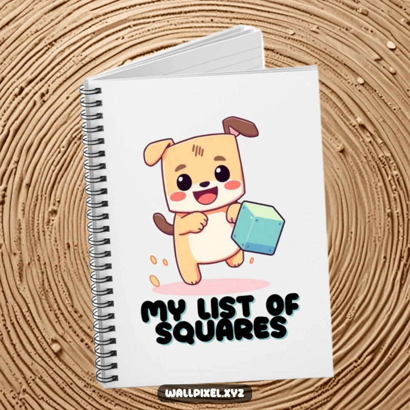 Funny pixel dog notebook, a blocky dog with a happy grin chasing a pixel cube, designed for jotting down ideas with retro charm.