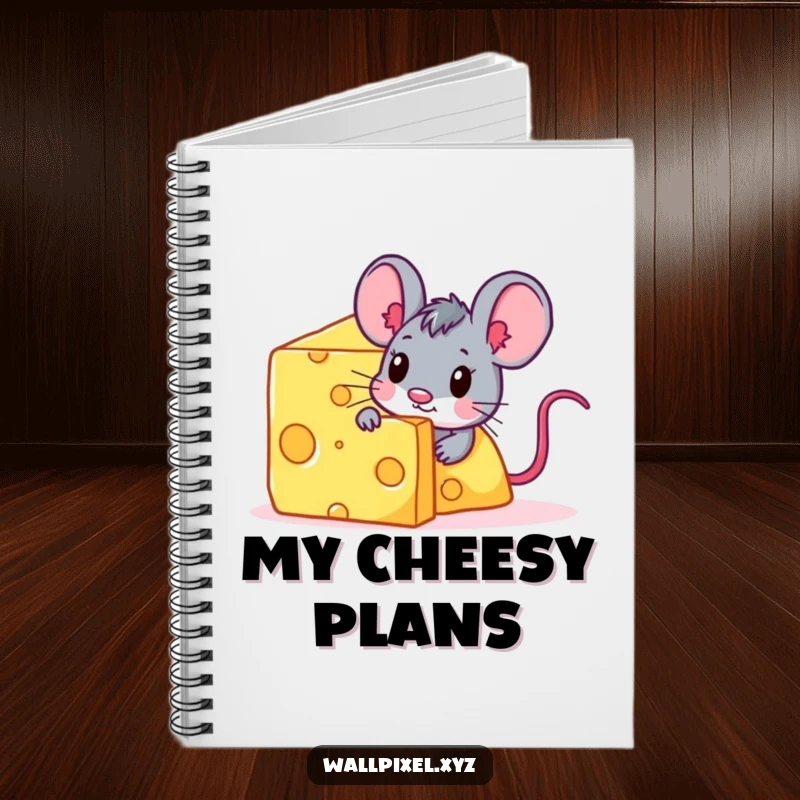 Funny pixelated mouse character peeking from behind a giant digital cheese block on a notebook cover.