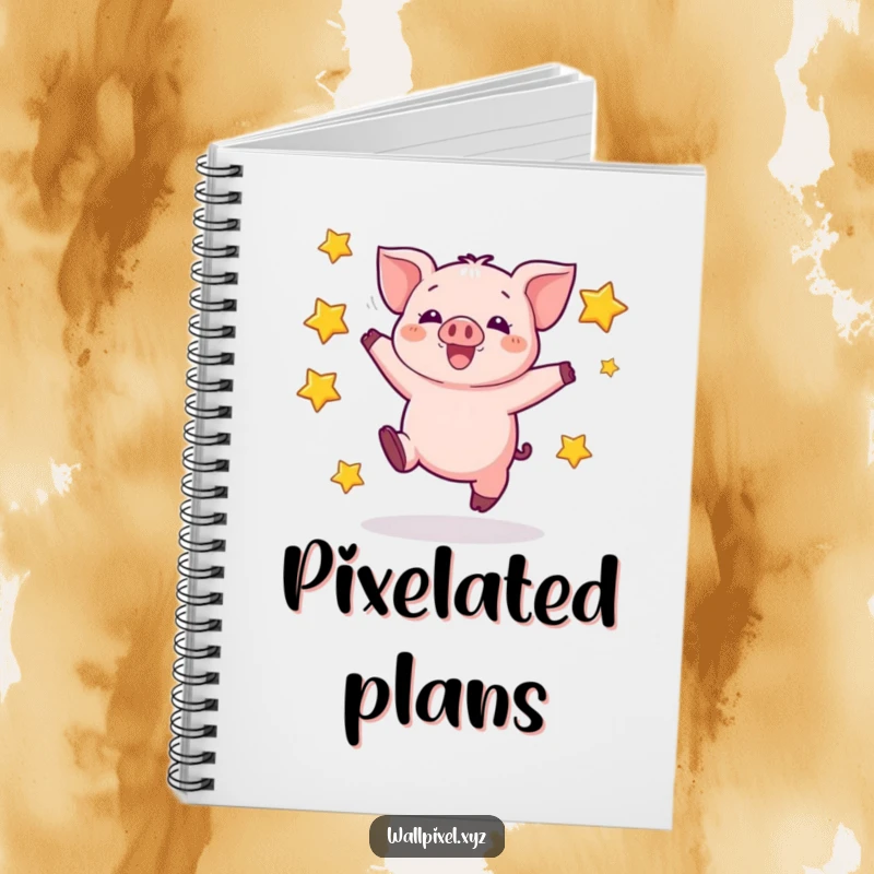 Funny notebook featuring a pixelated piglet mid-jump surrounded by blocky stars, perfect for creative writing and gaming notes.