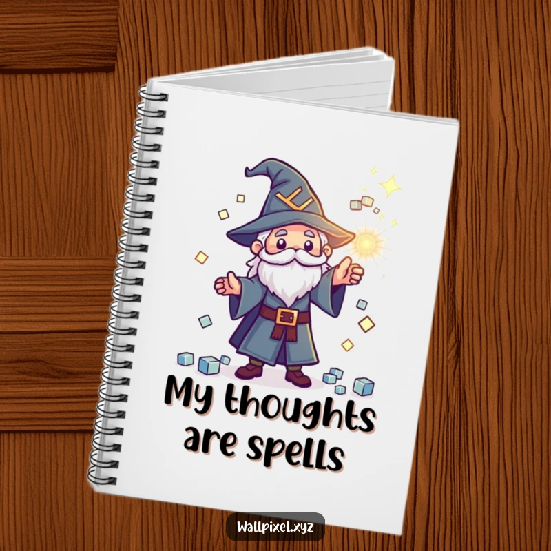 Funny pixel wizard notebook, tiny wizard casting a spell with sparkling cubes, retro journaling accessory.
