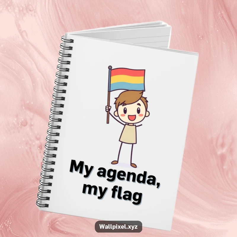 Funny notebook with a stick figure character enthusiastically waving a pixelated flag, ideal for jotting down celebration ideas.