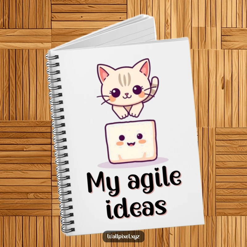 Funny notebook cover featuring a pixelated cat leaping over a smiling square block, ready for playful notes.