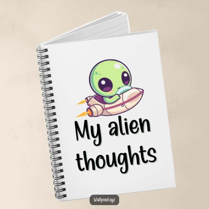 Funny notebook with a kawaii pixelated alien in a tiny spaceship, perfect for journaling or sketching with a space theme.