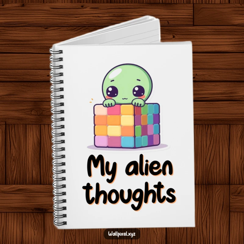 Funny Pixelated Alien Notebook with a cute alien peeking behind a colorful pixelated cube, ideal for jotting funny thoughts.