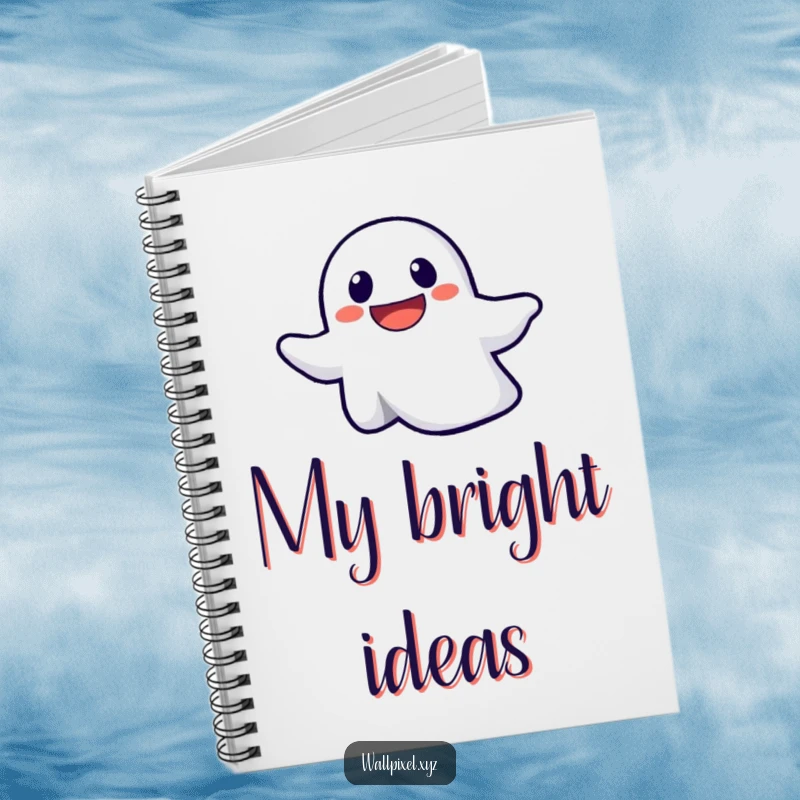 Funny notebook featuring a smiley pixelated ghost with a determined expression, floating upwards for journaling or note-taking.