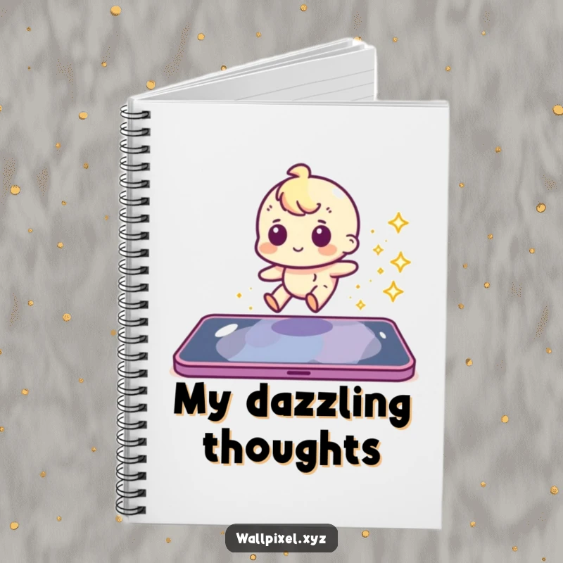 Funny pixel character sliding with a sparkly trail on the cover of a notebook.