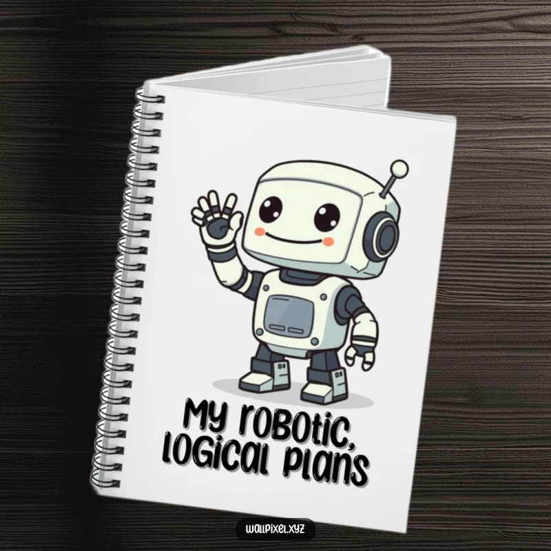 Funny notebook featuring a smiling pixelated robot waving with a digital arm, perfect for jotting down ideas with a retro sci-fi theme.