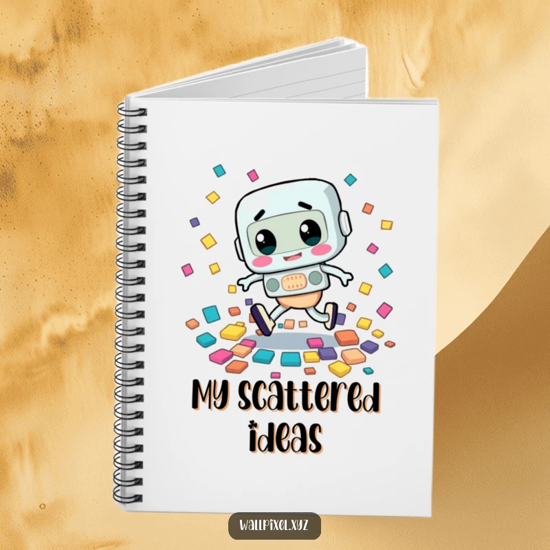 Funny notebook cover featuring a retro character tripping awkwardly, scattering colorful square shapes, ready for hilarious notes.