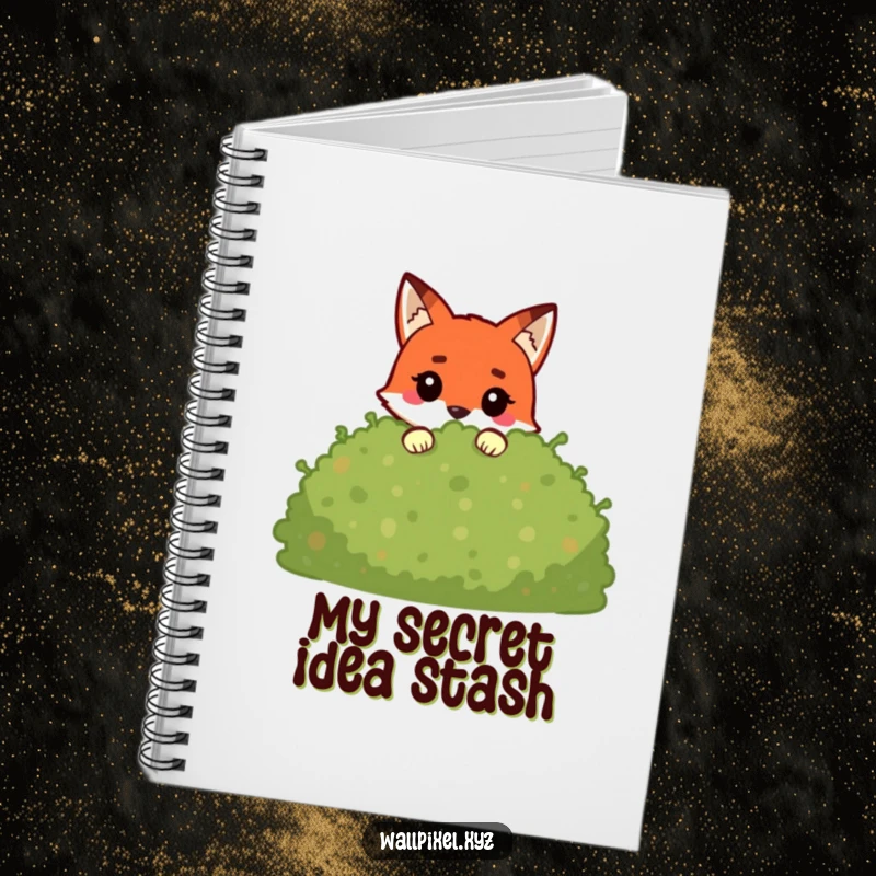 Funny pixel fox notebook with a blocky character peeking from a pixelated bush, great for notes, journaling, or sketching.