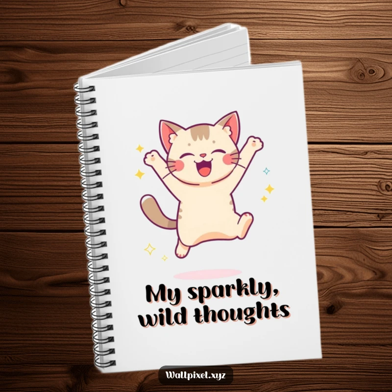 Funny notebook featuring a pixelated cat jumping and trailing digital sparkles, perfect for jotting down ideas with a retro gaming theme.
