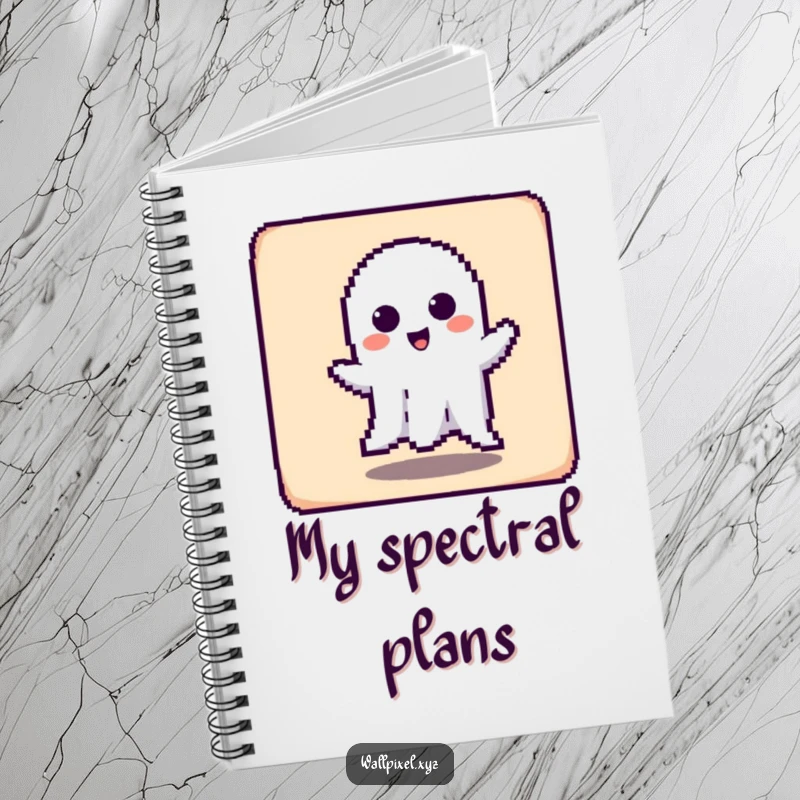 Funny notebook with a pixelated ghost character playfully haunting a square, ideal for jotting down funny ideas.