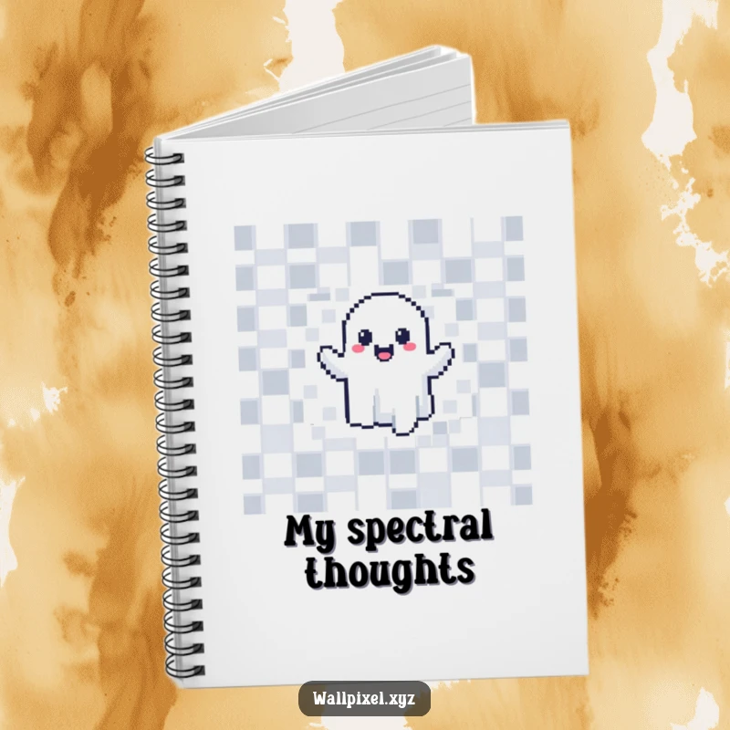 Funny pixelated ghost notebook, joyfully phasing through a checkerboard wall, perfect for note-taking.