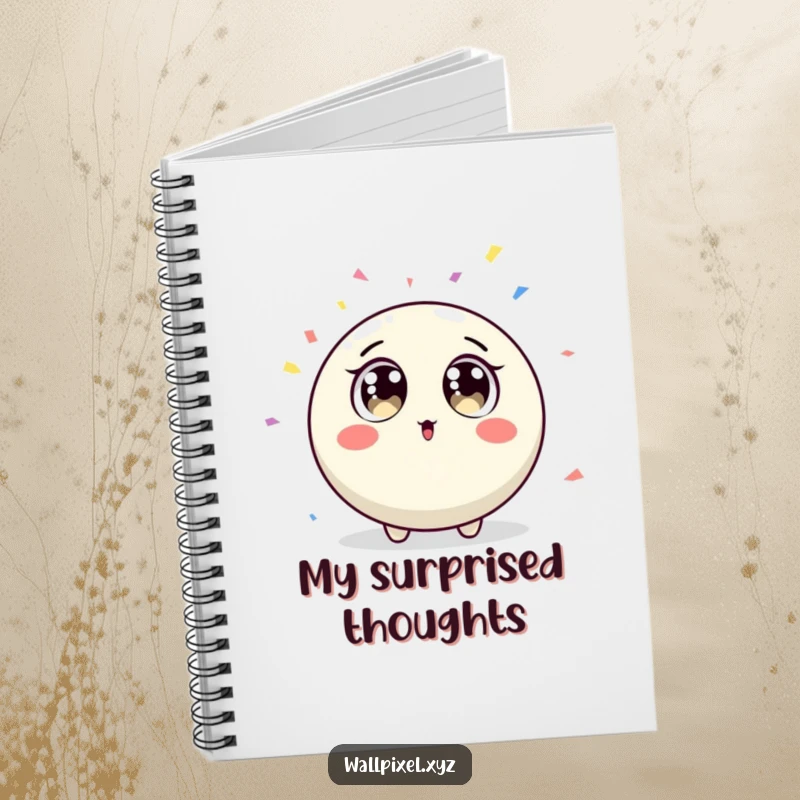 Funny round pixel character with big surprised eyes looking at falling confetti on a notebook cover.