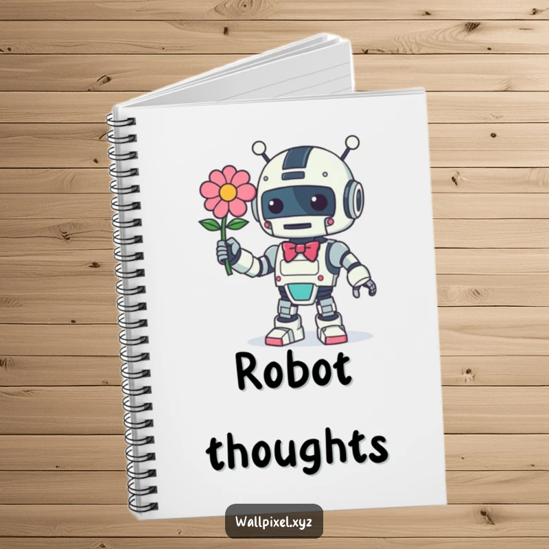 Funny Retro Robot Notebook: A vintage robot offers a pixelated flower and bow, ideal for jotting down sweet ideas.