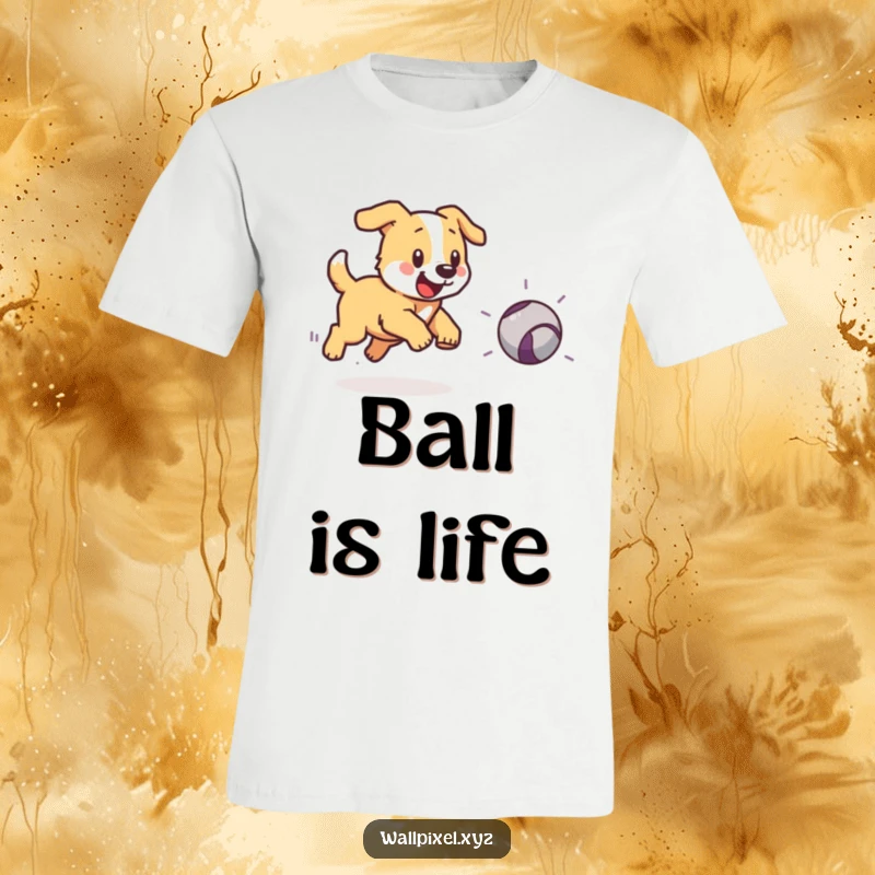 Funny t-shirt with a pixelated dog running after a bouncing pixelated ball, perfect for gamers and pet owners.
