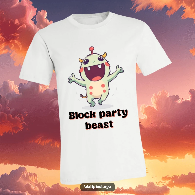 Funny t-shirt featuring an excited pixel monster joyfully dancing with its small, flailing blocky arms, ideal for parties.