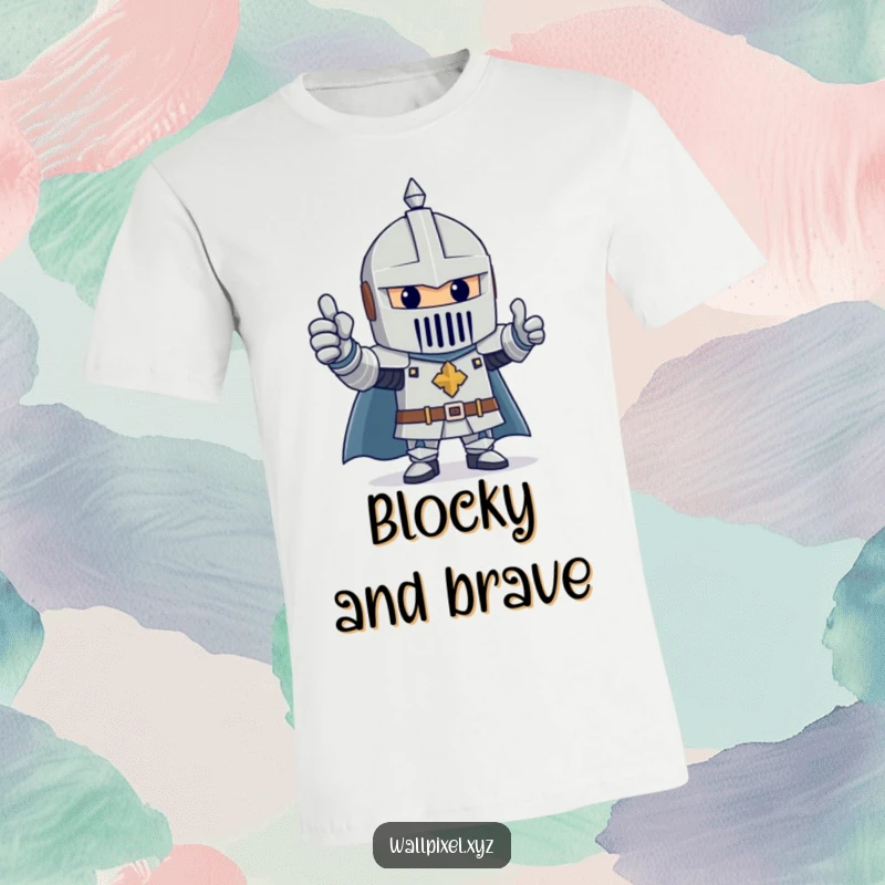 Funny t-shirt with a cheerful knight made of colorful blocks giving a positive thumbs up, a heroic design.