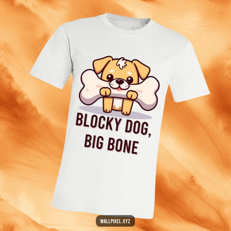 Funny t-shirt with a blocky, pixelated dog playfully peeking from behind a large pixelated bone, celebrating retro games and canine antics.